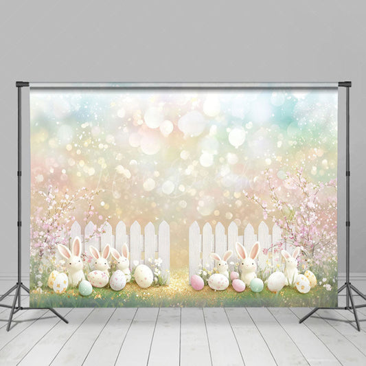 Lofaris Easter Scene With White Fence Bunnies Eggs Backdrop