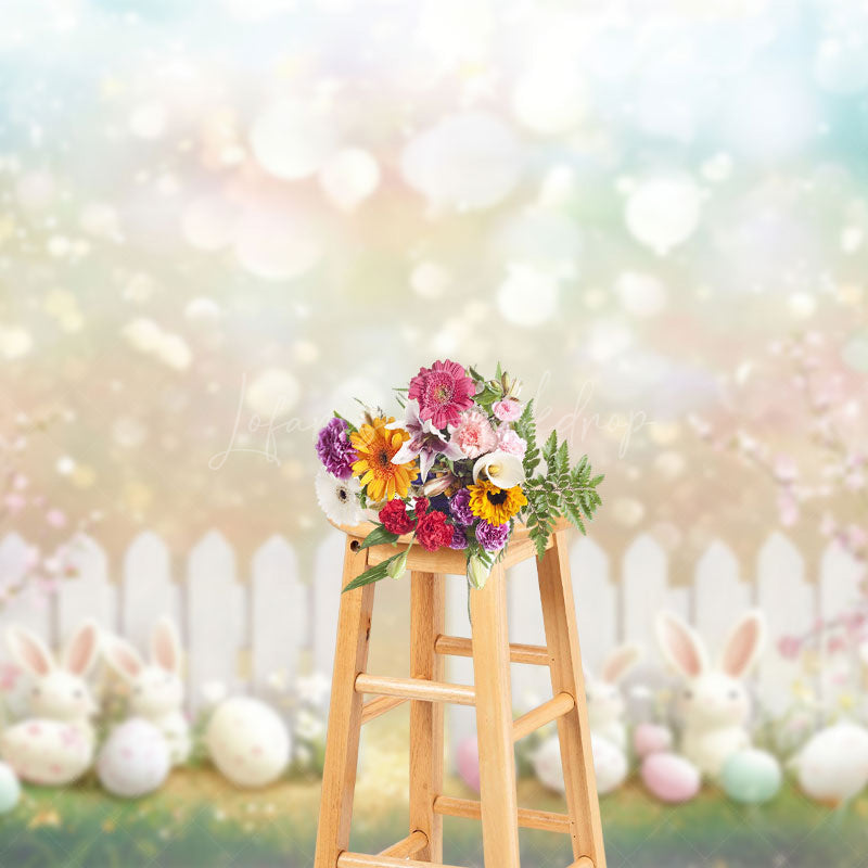 Lofaris Easter Scene With White Fence Bunnies Eggs Backdrop