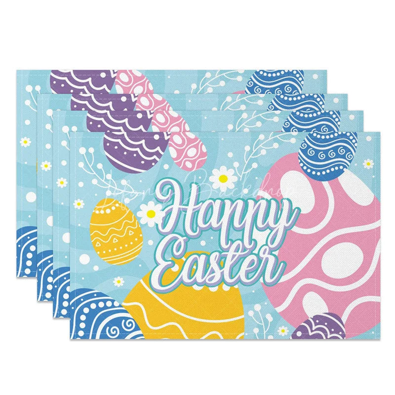 Lofaris Easter Set of 4 Placemats Blue Background Swirl Eggs Large Happy Text Dining Table Mats