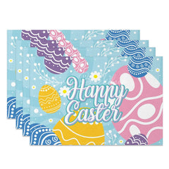 Lofaris Easter Set of 4 Placemats Blue Background Swirl Eggs Large Happy Text Dining Table Mats