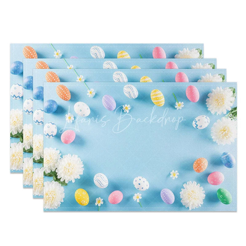 Lofaris Easter Set of 4 Placemats Blue Background White Flowers Pastel Eggs Border Spring Dining Table Mats