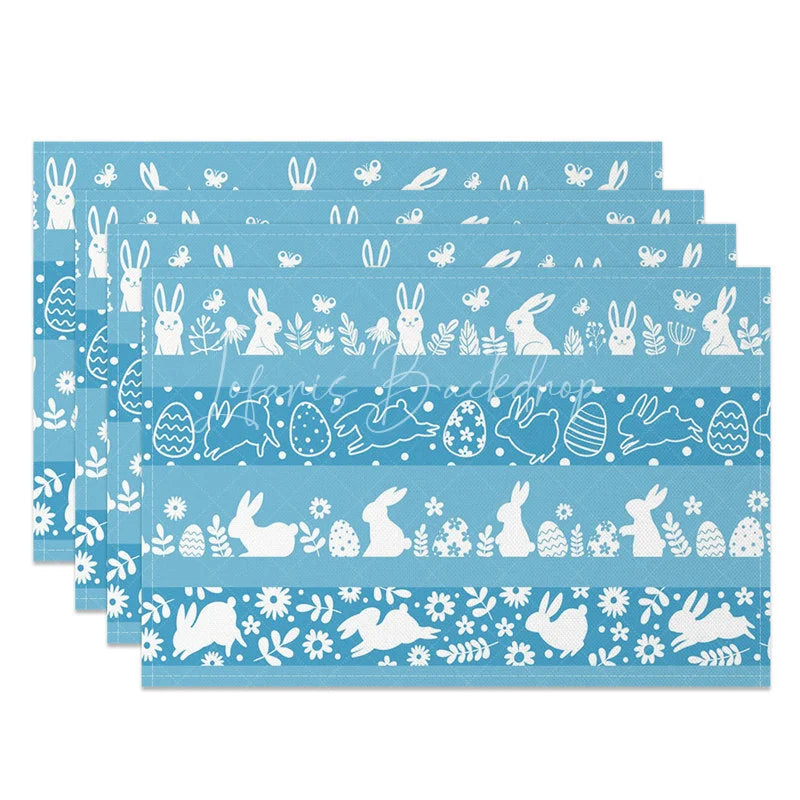 Lofaris Easter Set of 4 Placemats Blue Background White Silhouettes Bunny Egg Border Pattern Dining Table Mats
