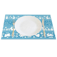 Lofaris Easter Set of 4 Placemats Blue Background White Silhouettes Bunny Egg Border Pattern Dining Table Mats