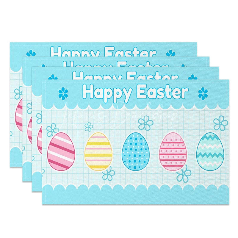 Lofaris Easter Set of 4 Placemats Blue Grid Pattern Eggs Happy School Theme Dining Table Mats