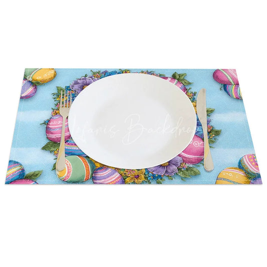 Lofaris Easter Set of 4 Placemats Blue Striped Floral Wreath Realistic White Rabbit Colorful Eggs Dining Table Mats