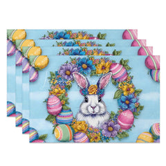 Lofaris Easter Set of 4 Placemats Blue Striped Floral Wreath Realistic White Rabbit Colorful Eggs Dining Table Mats