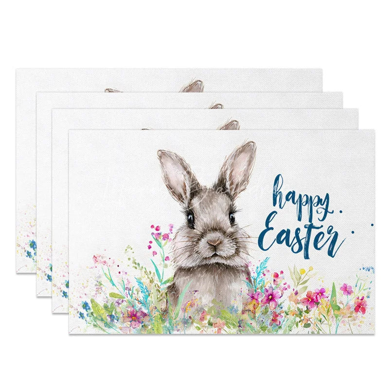 Lofaris Easter Set of 4 Placemats Brown Bunny Wildflowers Blue Happy Text Dining Table Mats