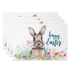 Lofaris Easter Set of 4 Placemats Brown Bunny Wildflowers Blue Happy Text Dining Table Mats