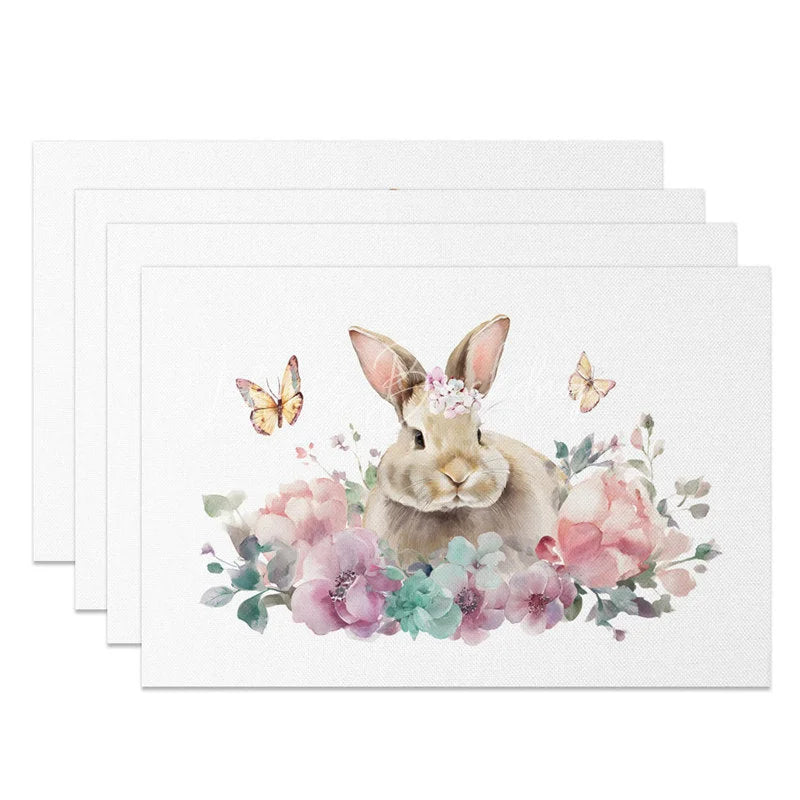 Lofaris Easter Set of 4 Placemats Bunny Flower Crown Pink Floral Butterfly Spring Dining Table Mats
