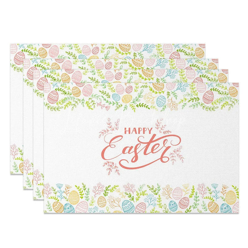 Lofaris Easter Set of 4 Placemats Colorful Doodle Egg Border Simple Happy Calligraphy Dining Table Mats
