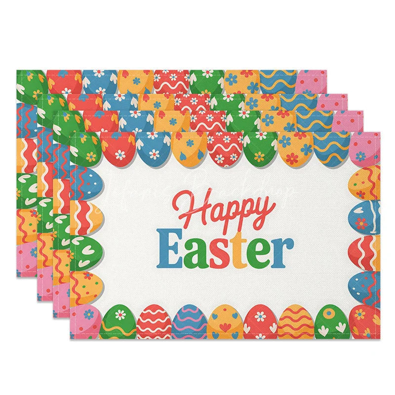 Lofaris Easter Set of 4 Placemats Colorful Patterned Egg Border Happy White Center Dining Table Mats