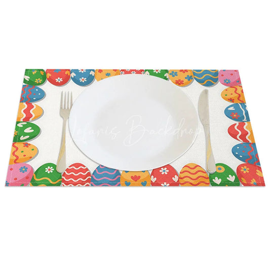 Lofaris Easter Set of 4 Placemats Colorful Patterned Egg Border Happy White Center Dining Table Mats