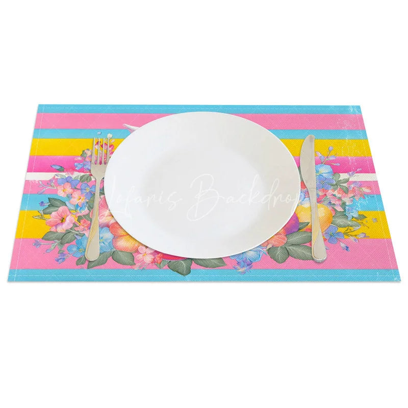 Lofaris Easter Set of 4 Placemats Colorful Stripes White Rabbit Floral Wreath Dining Table Mats