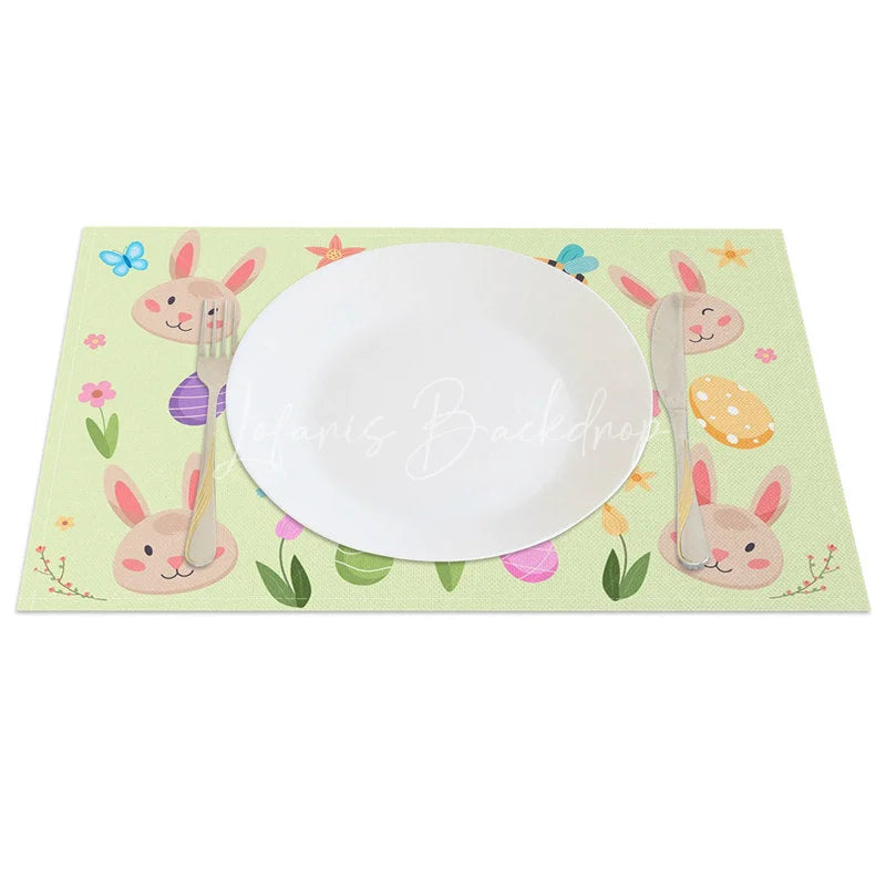 Lofaris Easter Set of 4 Placemats Cute Bunny Faces and Bees Happy Green Spring Dining Table Mats