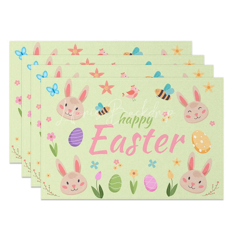 Lofaris Easter Set of 4 Placemats Cute Bunny Faces and Bees Happy Green Spring Dining Table Mats