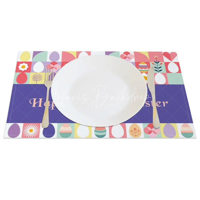 Lofaris Easter Set of 4 Placemats Geometric Modern Art Eggs Purple Happy Bunny Dining Table Mats