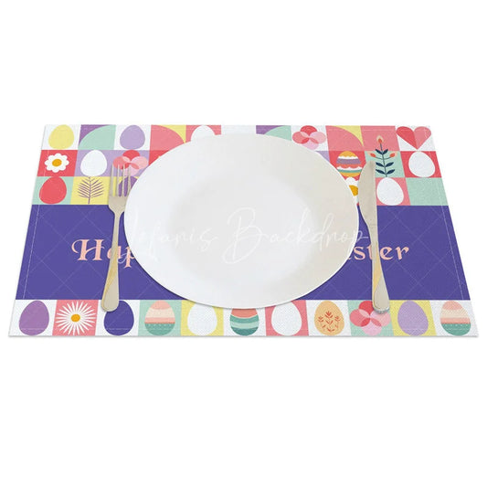 Lofaris Easter Set of 4 Placemats Geometric Modern Art Eggs Purple Happy Bunny Dining Table Mats