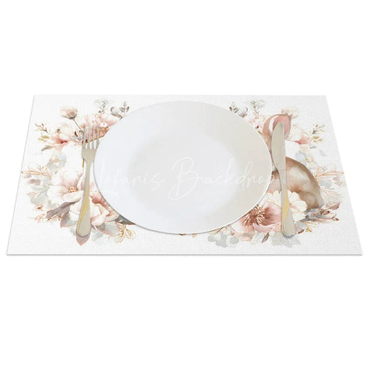 Lofaris Easter Set of 4 Placemats Gold Hexagon Geometric Frame Pink Floral Bunny Dining Table Mats