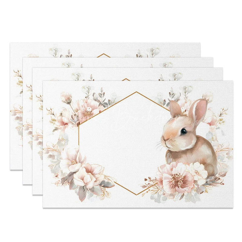 Lofaris Easter Set of 4 Placemats Gold Hexagon Geometric Frame Pink Floral Bunny Dining Table Mats
