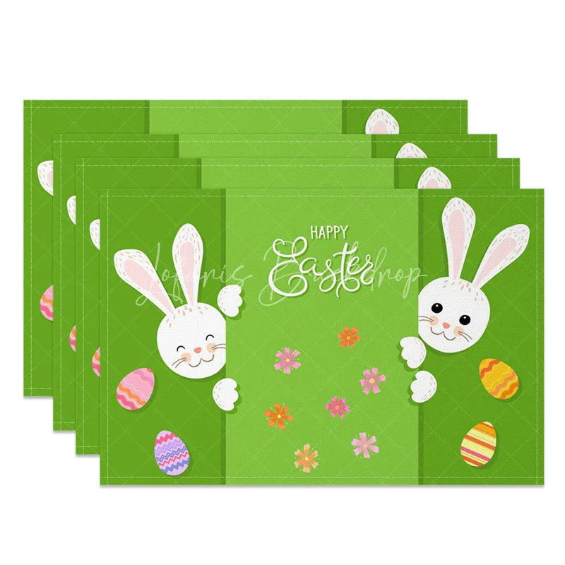 Lofaris Easter Set of 4 Placemats Green Background Peeking Bunnies Happy Colorful Eggs Dining Table Mats
