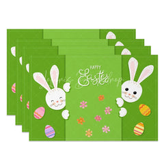 Lofaris Easter Set of 4 Placemats Green Background Peeking Bunnies Happy Colorful Eggs Dining Table Mats