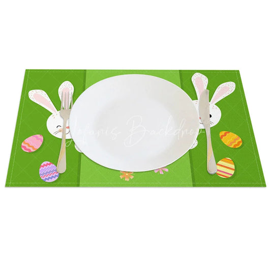 Lofaris Easter Set of 4 Placemats Green Background Peeking Bunnies Happy Colorful Eggs Dining Table Mats