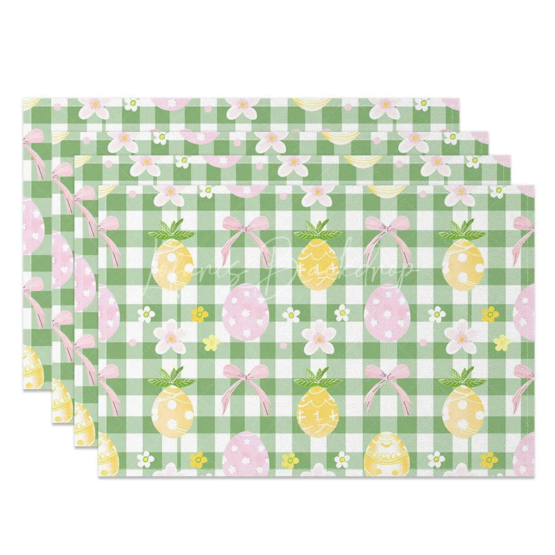 Lofaris Easter Set of 4 Placemats Green Gingham Pineapple Eggs Pink Bows Checkered Dining Table Mats