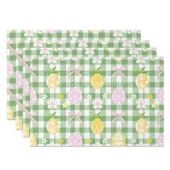 Lofaris Easter Set of 4 Placemats Green Gingham Pineapple Eggs Pink Bows Checkered Dining Table Mats