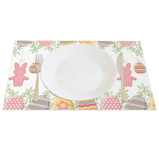 Lofaris Easter Set of 4 Placemats Hanging Gingham Bunnies Colorful Eggs Greenery Border Dining Table Mats