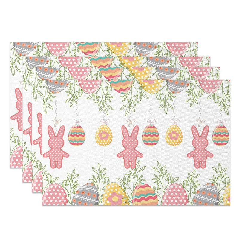 Lofaris Easter Set of 4 Placemats Hanging Gingham Bunnies Colorful Eggs Greenery Border Dining Table Mats