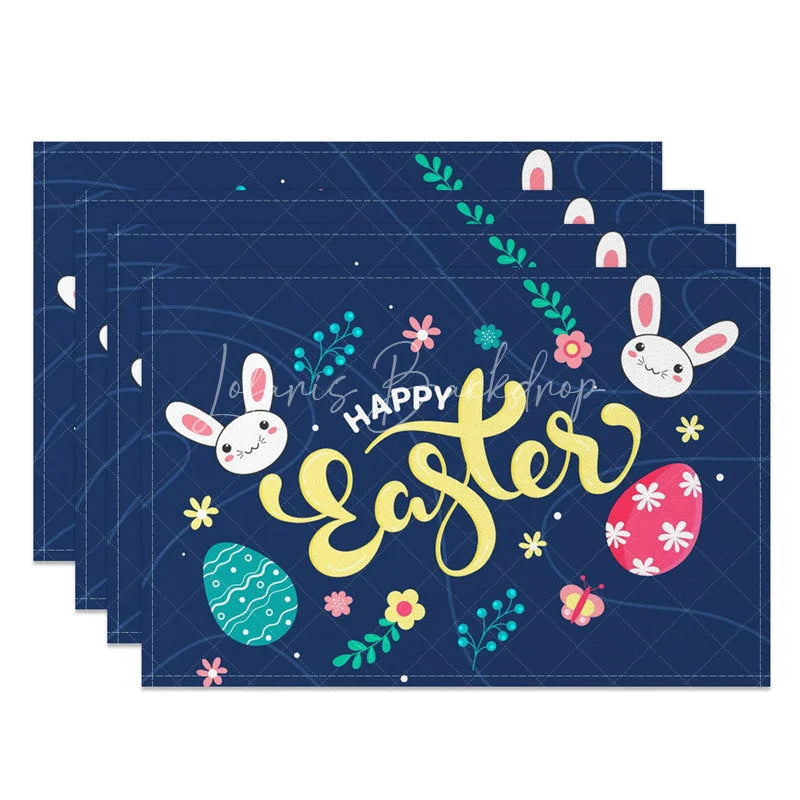 Lofaris Easter Set of 4 Placemats Navy Blue Happy Bright Bunny Eggs Floral Dining Table Mats