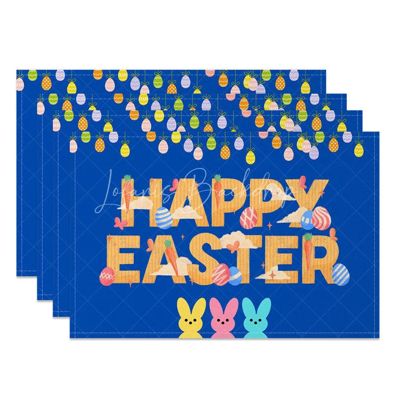 Lofaris Easter Set of 4 Placemats Navy Blue Happy Hanging Eggs Candy Bunny Kids Party Table Mats