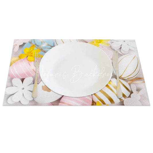 Lofaris Easter Set of 4 Placemats Pastel Gold Striped Eggs Elegant White Flower Spring Dining Table Mats