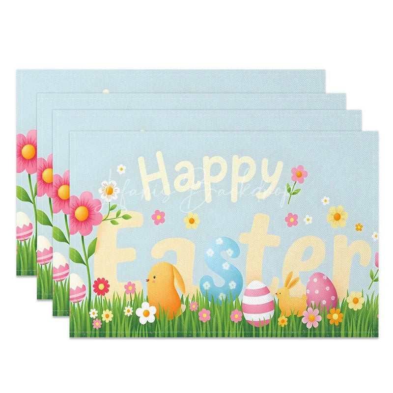 Lofaris Easter Set of 4 Placemats Pastel Happy Text Spring Grass Chick Dining Table Mats