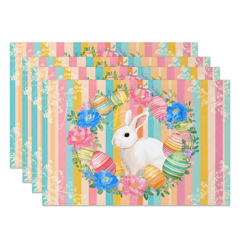 Lofaris Easter Set of 4 Placemats Pastel Vertical Stripes Bunny Floral Wreath Dining Table Mats