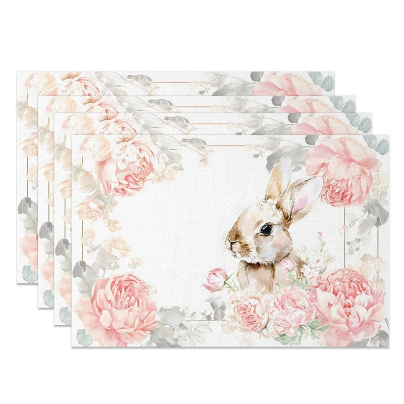 Lofaris Easter Set of 4 Placemats Pink Peony Gold Frame Cute Bunny Flower Crown Dining Table Mats