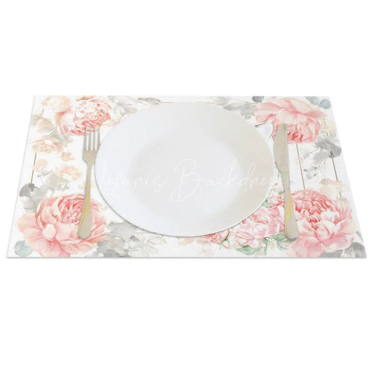 Lofaris Easter Set of 4 Placemats Pink Peony Gold Frame Cute Bunny Flower Crown Dining Table Mats