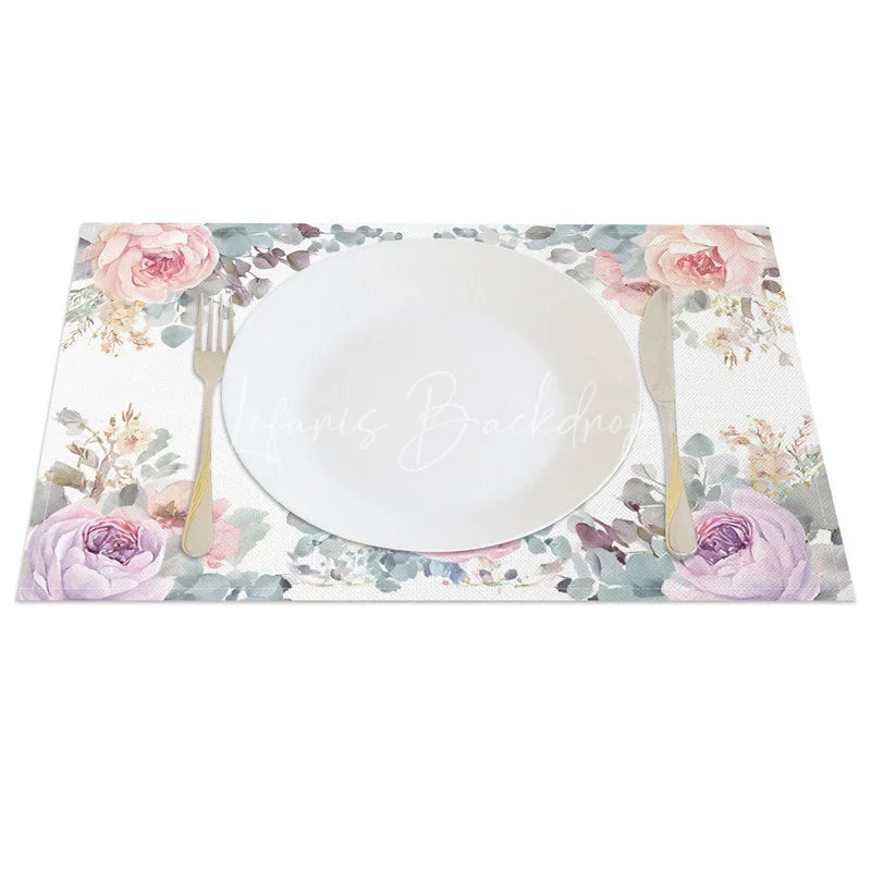 Lofaris Easter Set of 4 Placemats Purple Pink Floral Border Watercolor Bunny Spring Dining Table Mats