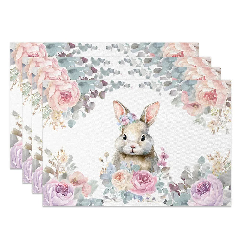 Lofaris Easter Set of 4 Placemats Purple Pink Floral Border Watercolor Bunny Spring Dining Table Mats