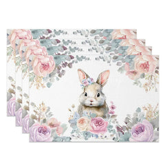 Lofaris Easter Set of 4 Placemats Purple Pink Floral Border Watercolor Bunny Spring Dining Table Mats