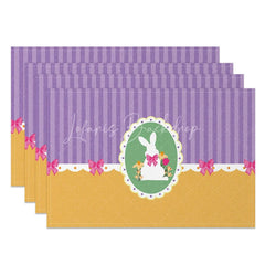 Lofaris Easter Set of 4 Placemats Purple Stripes Gold Bottom White Bunny Oval Frame Bows Dining Table Mats