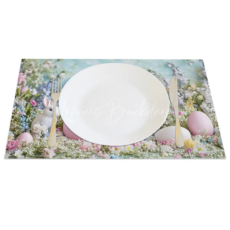 Lofaris Easter Set of 4 Placemats Realistic Bunnies Pastel Eggs Spring Wildflower Blue Photography Dining Table Mats