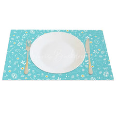 Lofaris Easter Set of 4 Placemats Teal Blue White Line Art Happy Bunny Floral Pattern Dining Table Mats