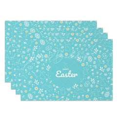 Lofaris Easter Set of 4 Placemats Teal Blue White Line Art Happy Bunny Floral Pattern Dining Table Mats
