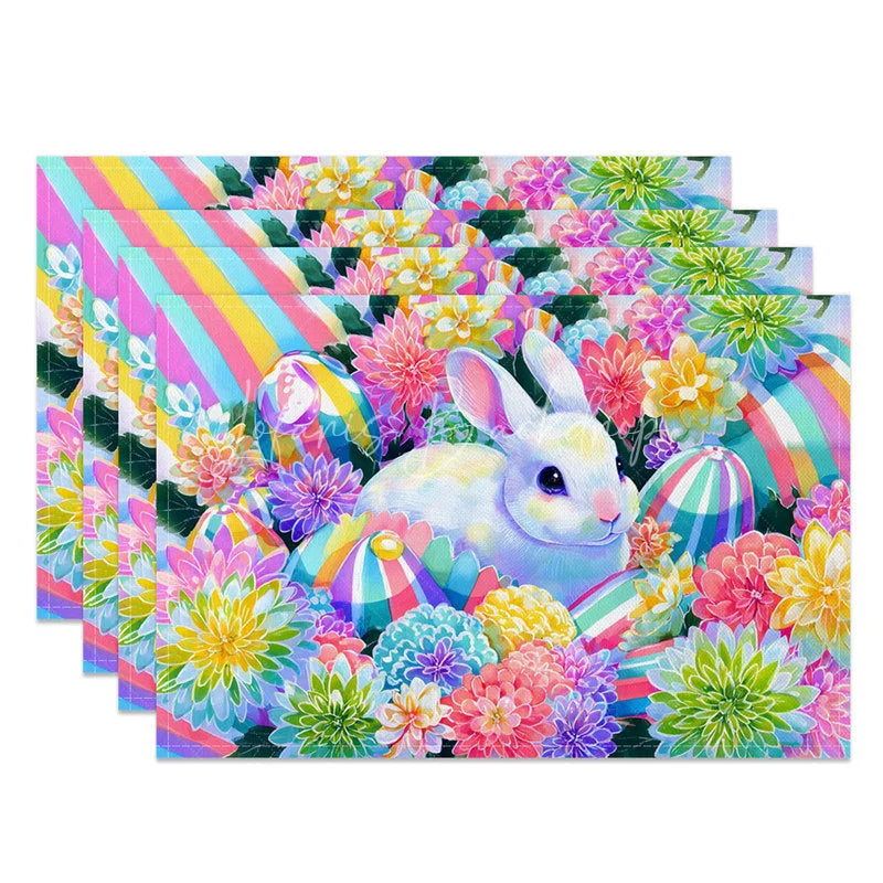 Lofaris Easter Set of 4 Placemats Vibrant Colorful Flowers Bunny Rainbow Striped Eggs Spring Dining Table Mats