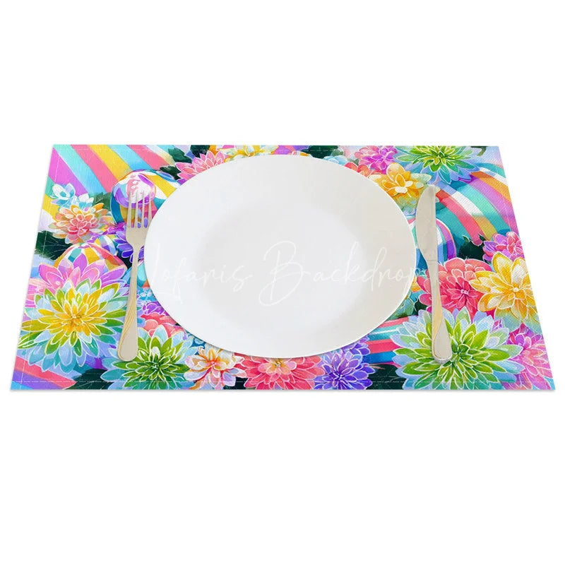 Lofaris Easter Set of 4 Placemats Vibrant Colorful Flowers Bunny Rainbow Striped Eggs Spring Dining Table Mats