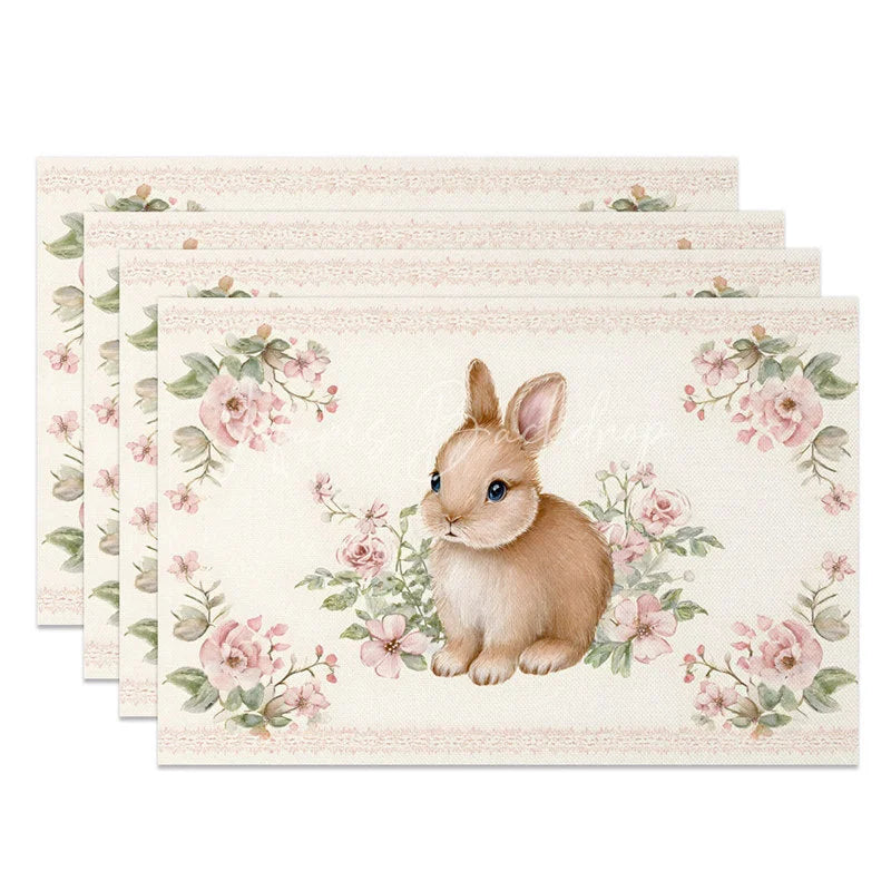 Lofaris Easter Set of 4 Placemats Vintage Pink Rose Border Brown Bunny Classic Dining Table Mats