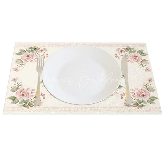 Lofaris Easter Set of 4 Placemats Vintage Pink Rose Border Brown Bunny Classic Dining Table Mats