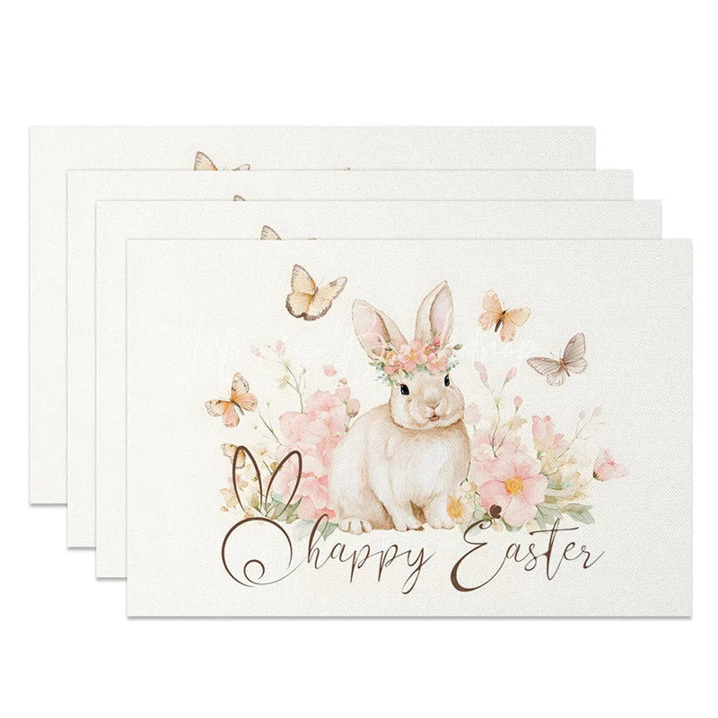 Lofaris Easter Set of 4 Placemats Watercolor Bunny Flower Crown Happy Butterfly Table Mats