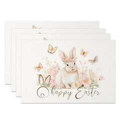 Lofaris Easter Set of 4 Placemats Watercolor Bunny Flower Crown Happy Butterfly Table Mats